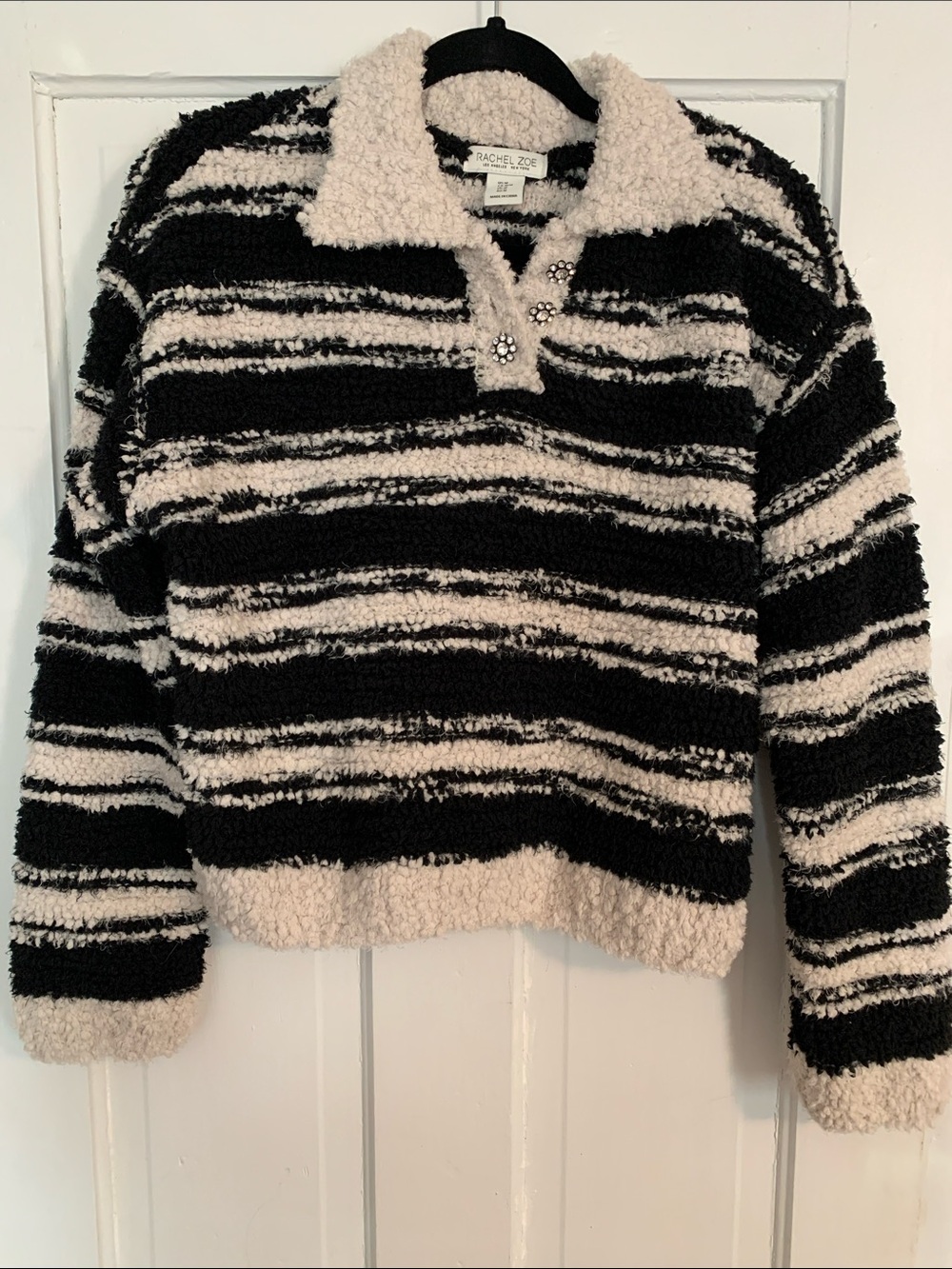 Rachel Zoe Black and Cream Striped Fuzzy Pullover Sweater